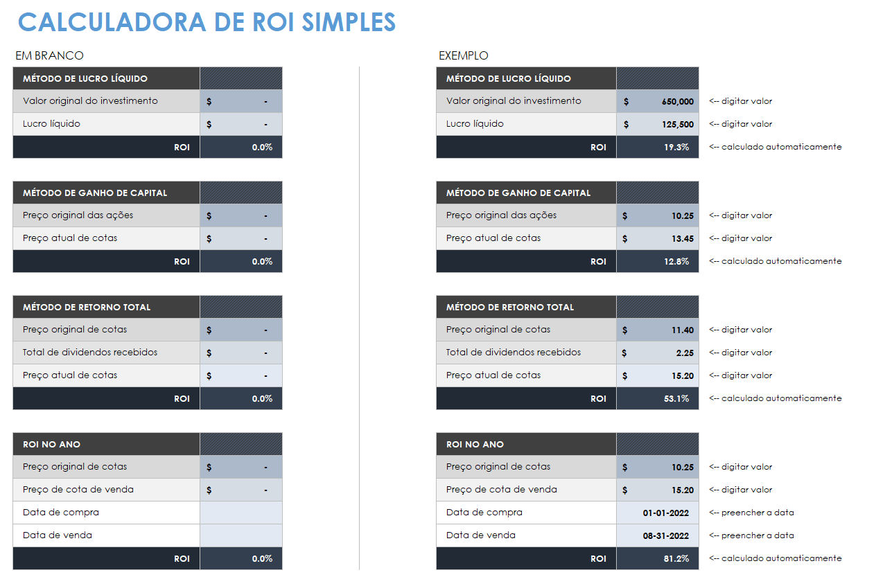 modelo de calculadora ROI simples