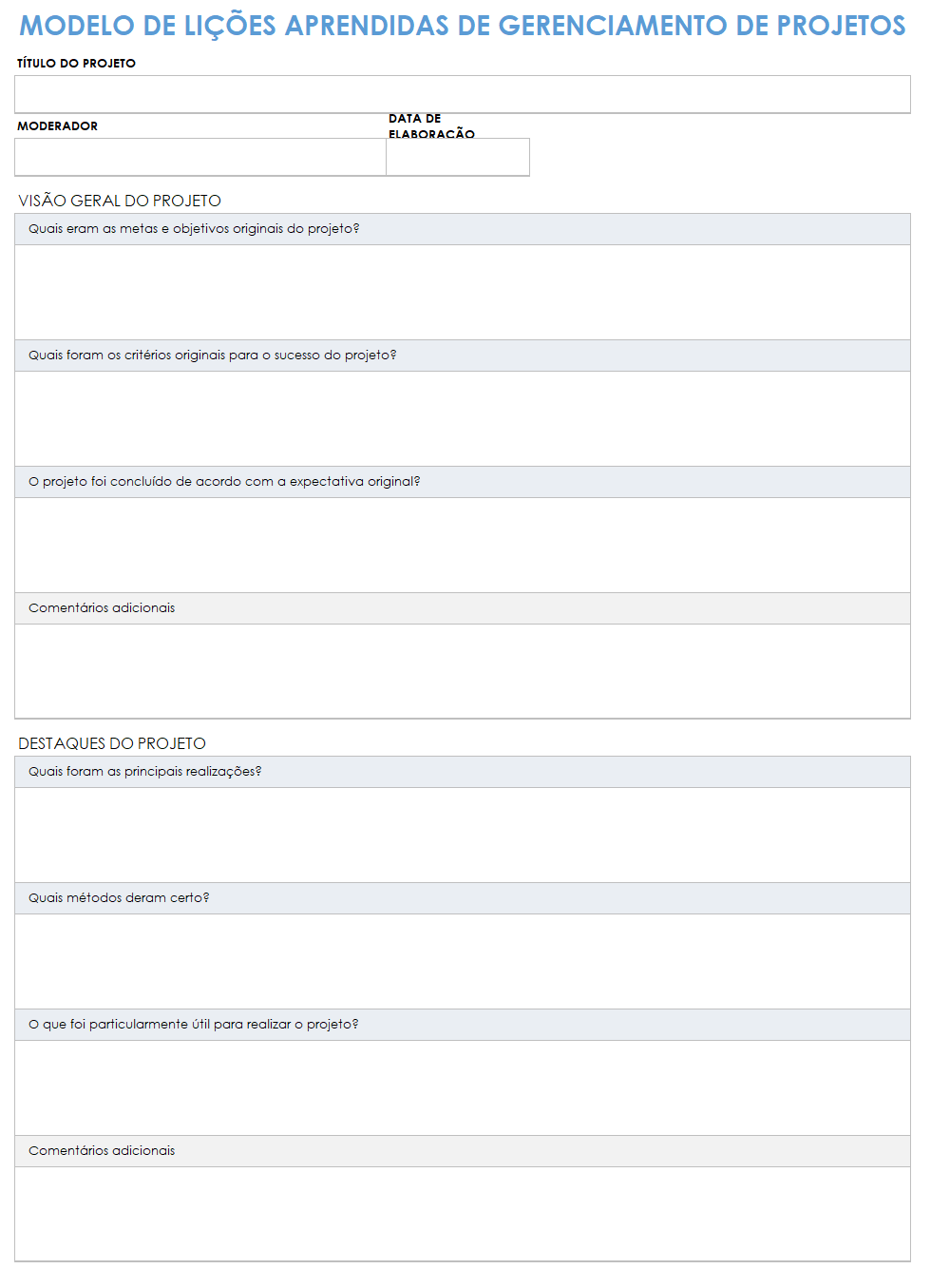 modelo de lições aprendidas de gerenciamento de projetos