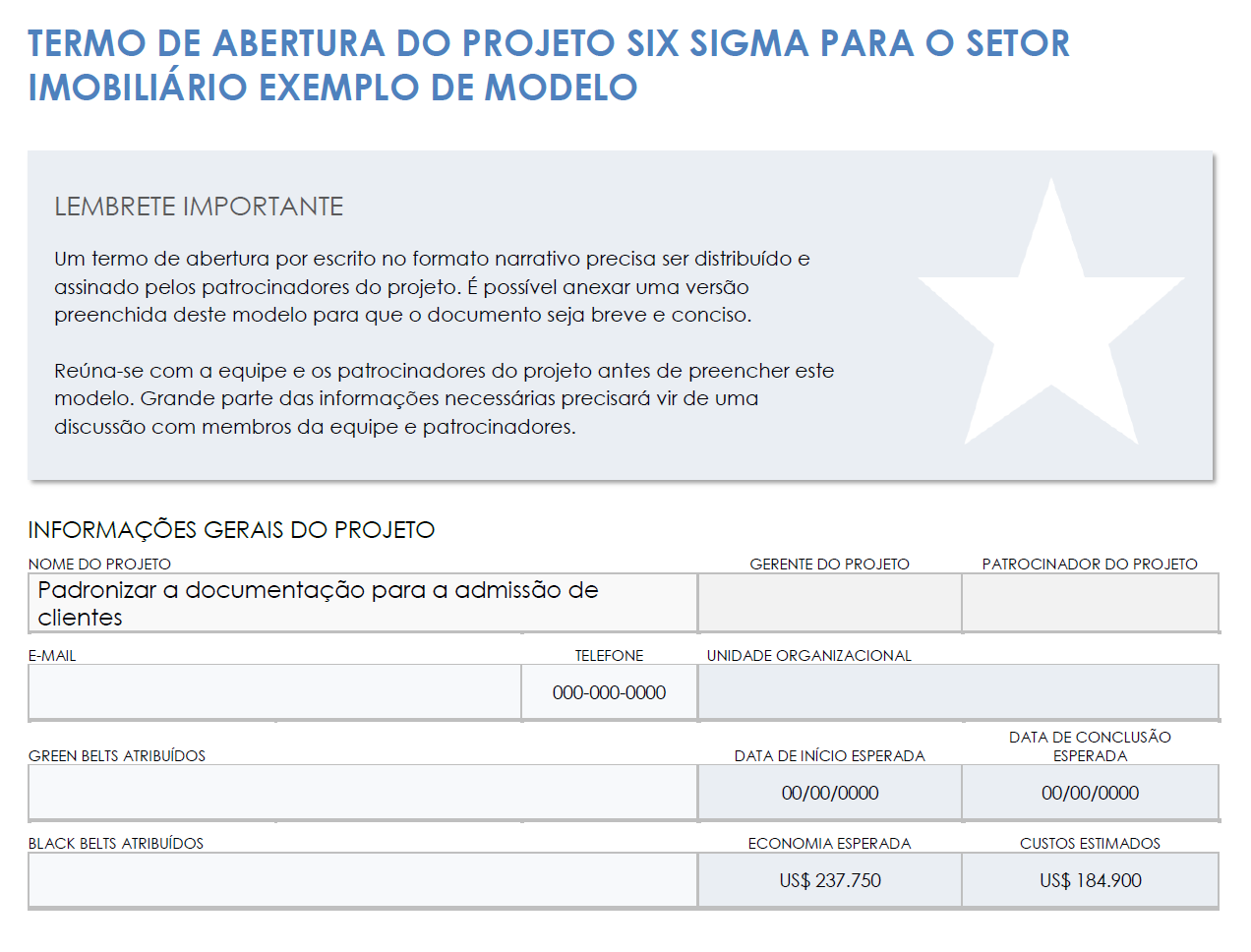 modelo de exemplo de carta de projeto imobiliário seis sigma