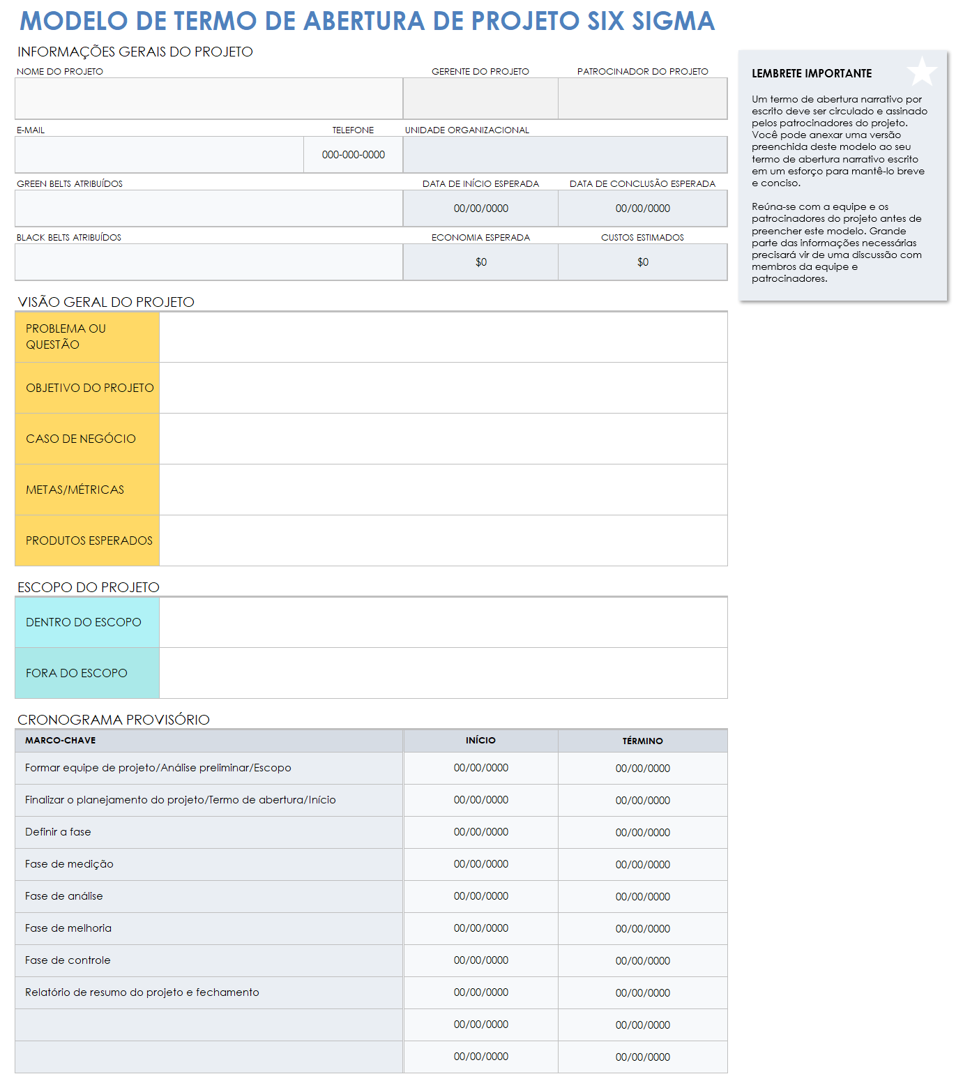  modelo em branco do termo de abertura do projeto seis sigma