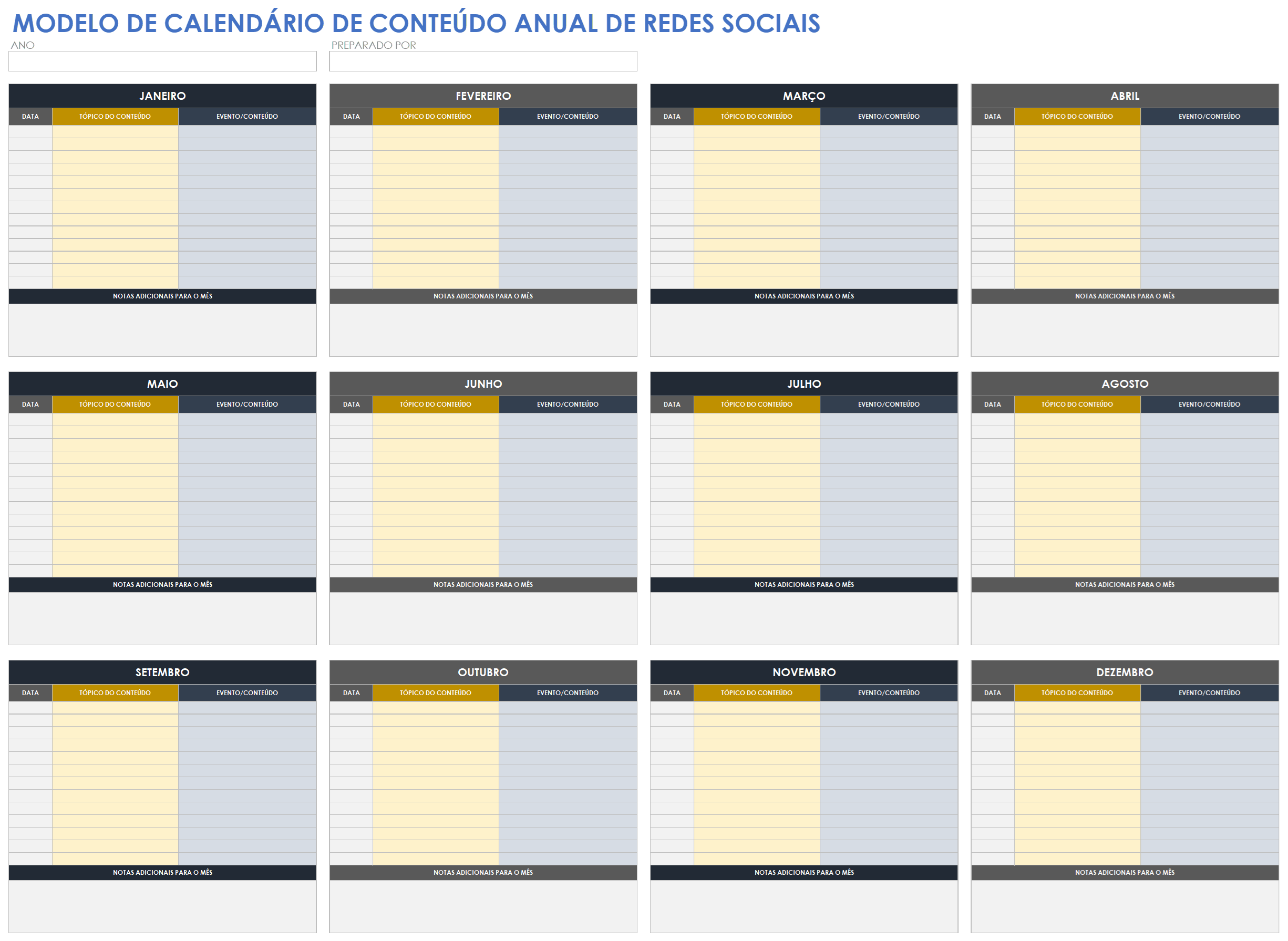 Modelo de calendário anual de conteúdo de mídia social