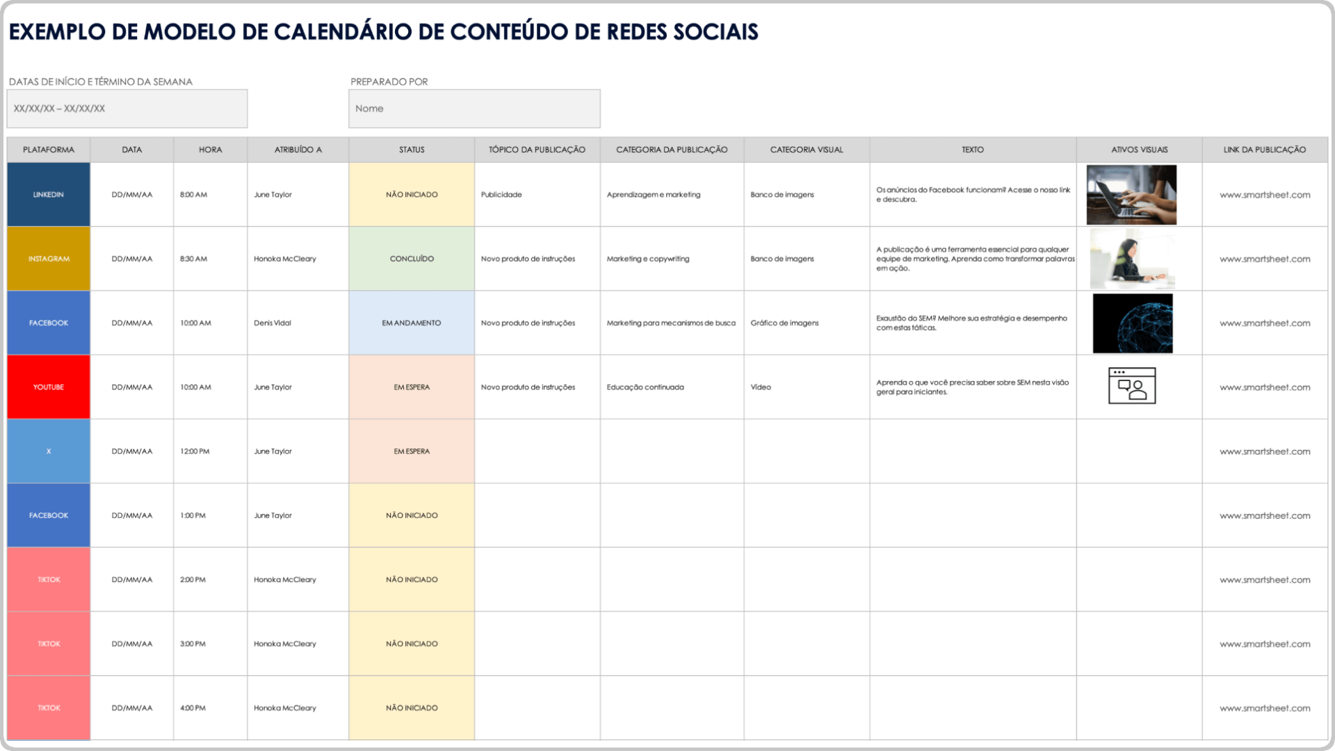 Exemplo de modelo de calendário de conteúdo de mídia social