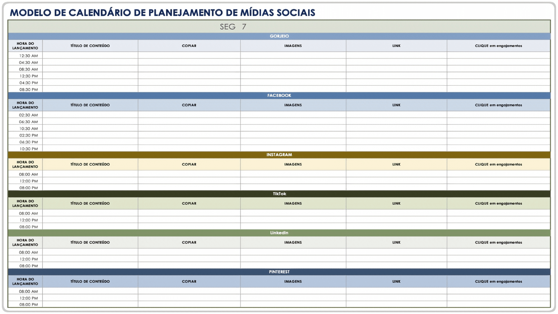  Modelo de calendário de planejamento de mídia social