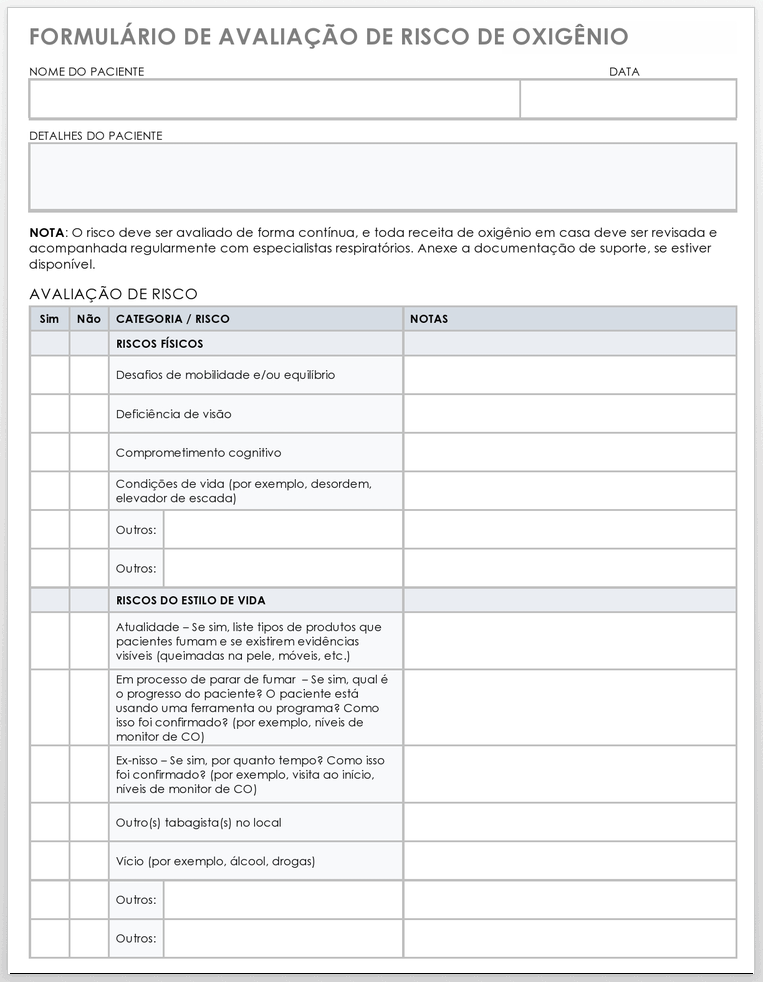 formulário de avaliação de risco de oxigênio