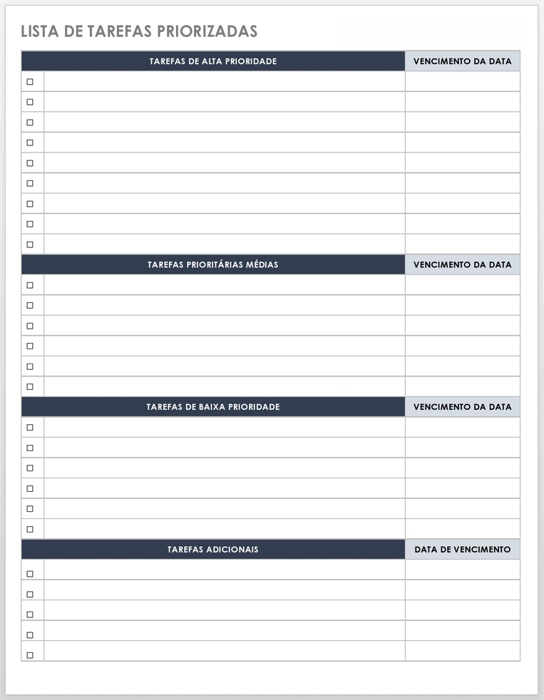 Modelo de lista de tarefas prioritárias