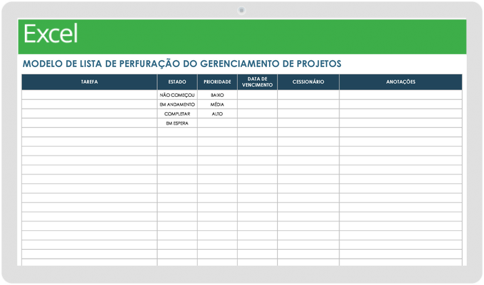  Modelo de lista de pendências de gerenciamento de projetos