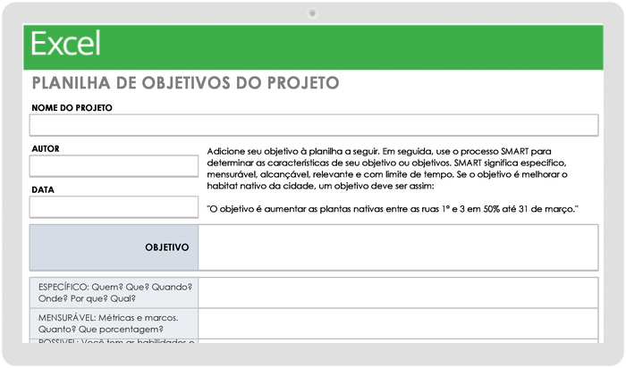  Modelo de Planilha de Objetivos do Projeto