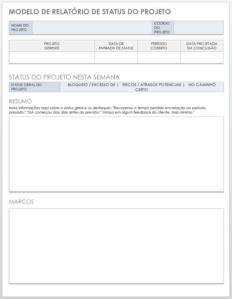  Modelo de relatório de status do projeto