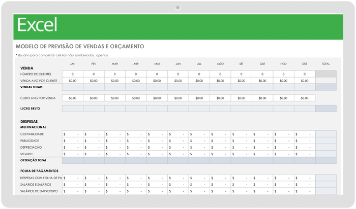 Modelo de previsão de vendas e orçamento