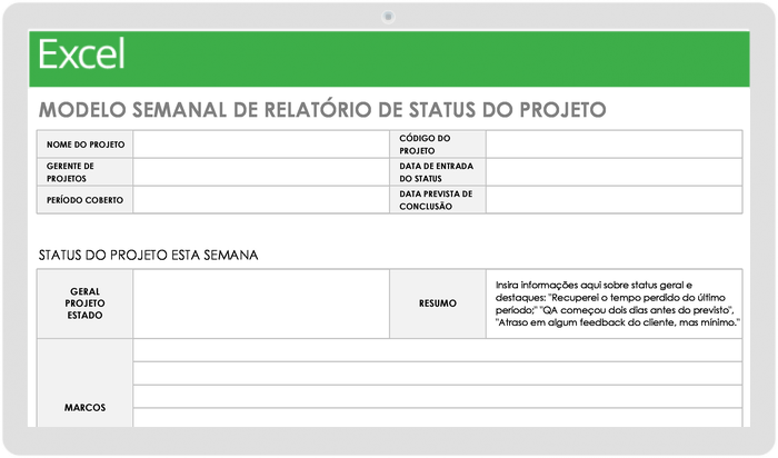 Modelo de relatório semanal de status do projeto