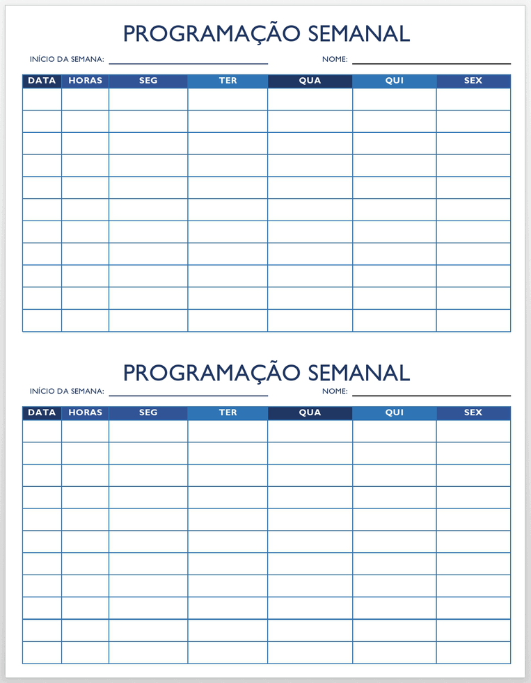 Horário de Trabalho Temporário 5 Dia 2 na Página Word